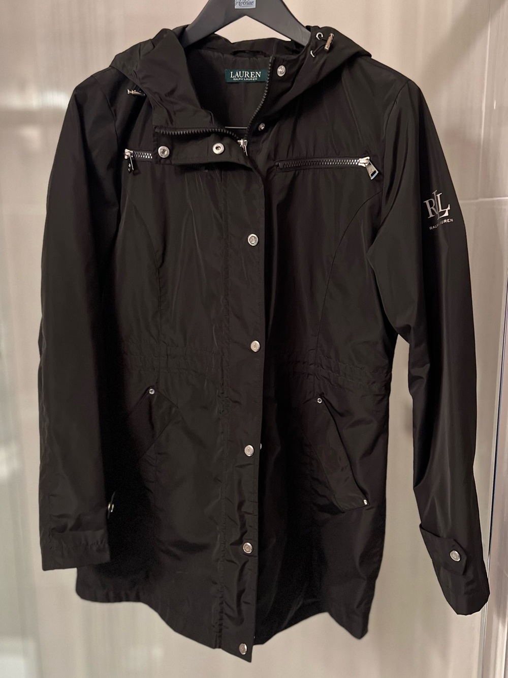 LAUREN Ralph Lauren Black Hooded Anorak Utility Rain Jacket M LRL Elastic Waist